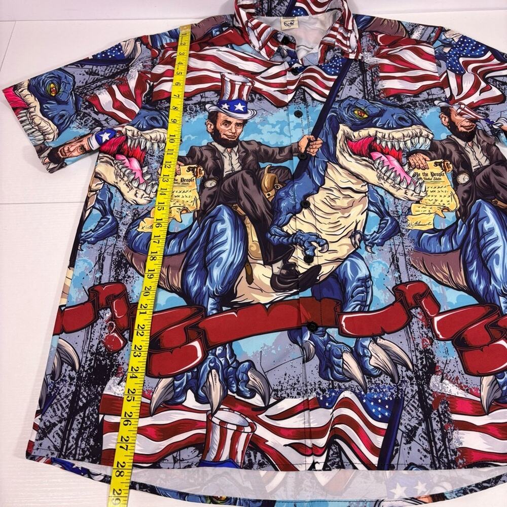 Men's Patriotic Dinosaur Abraham Lincoln Print Button Down Shirt Medium 0084 - Picture 4 of 8